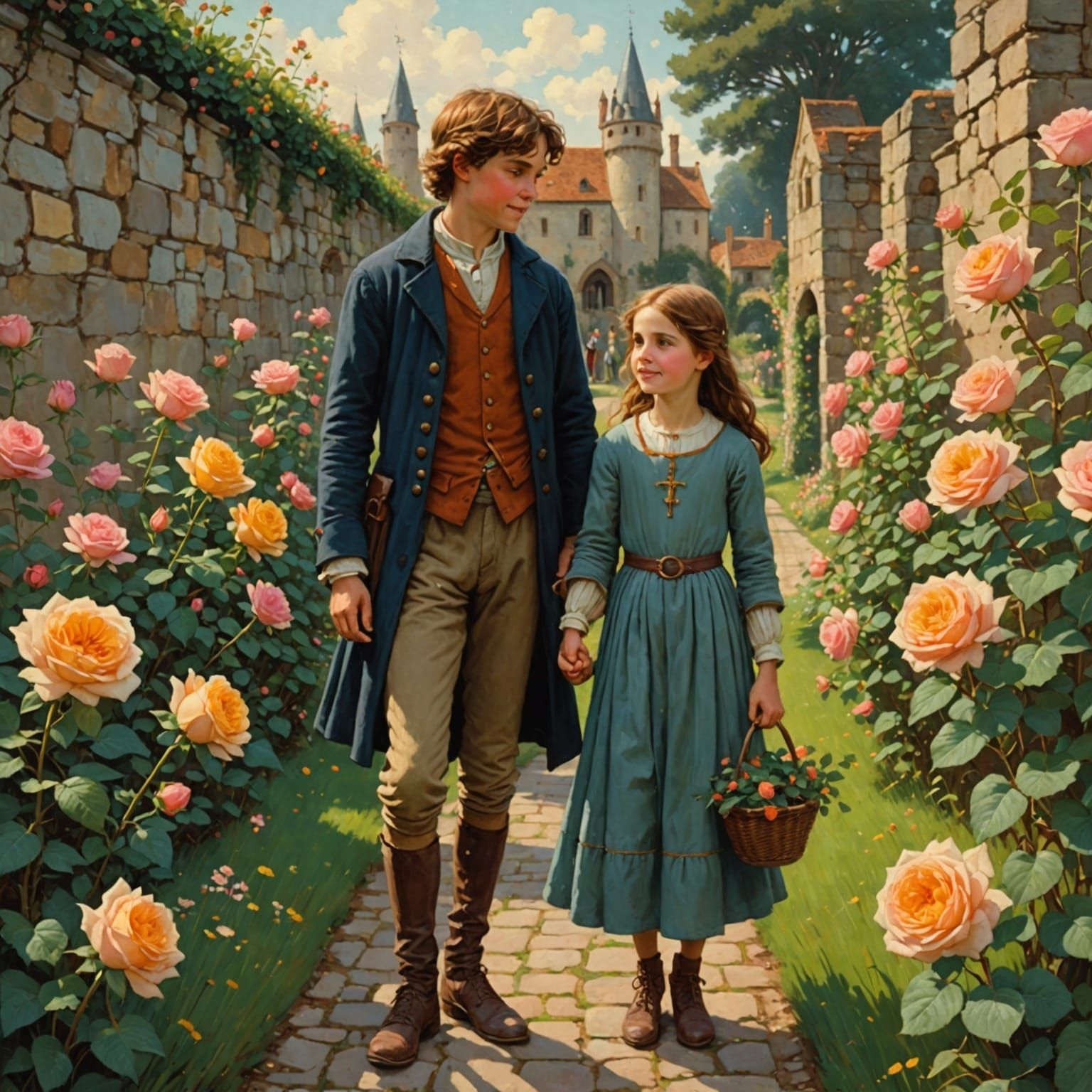 A Cheerful Brother and Sister in a Vibrant Rose Garden