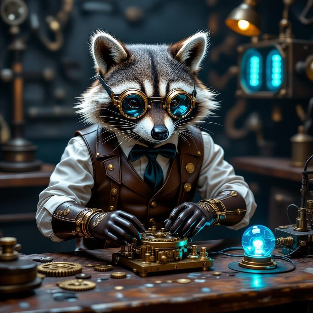 Steampunk Raccoon Tinkerer in Chrome and Leather