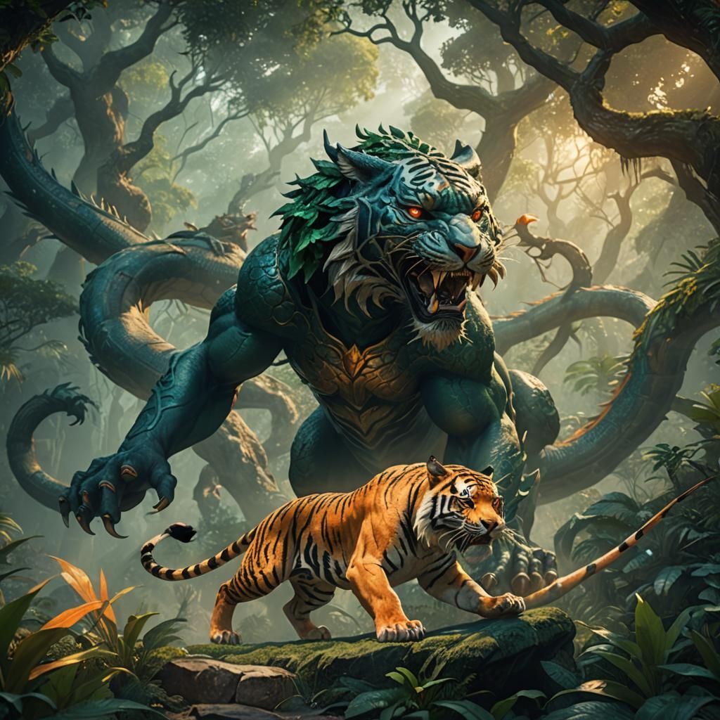 Tiger and Dragon Battle in Ancient Jungle
