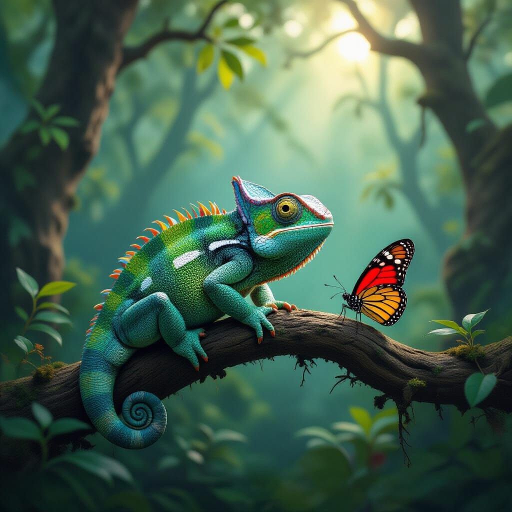 Psychedelic Chameleon and Butterfly in Dreamlike Forest