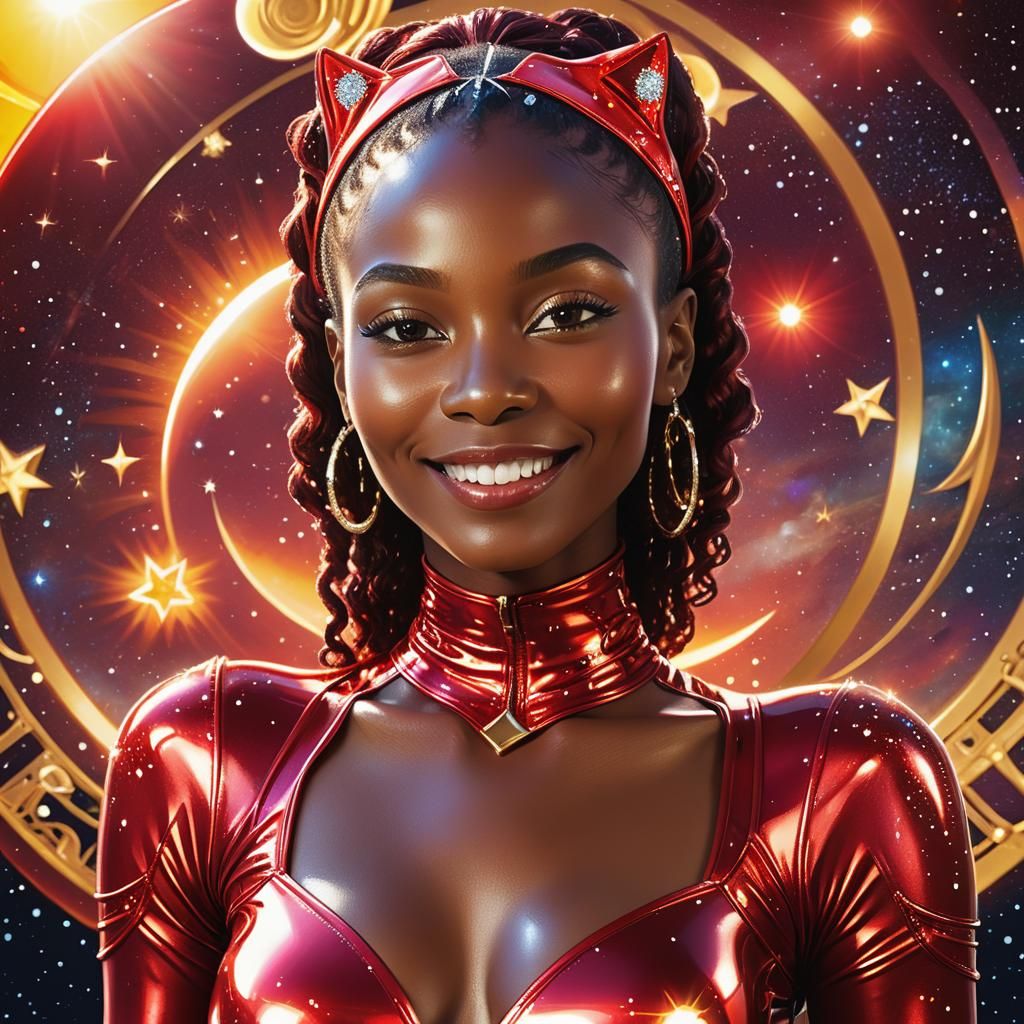 Glamorous African Woman in Red Catsuit, Digital Portrait