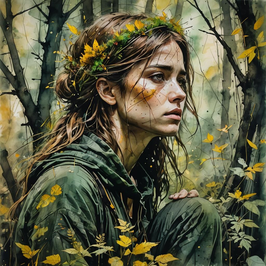 Melancholy Woman in Lush Forest, Stylized Watercolor