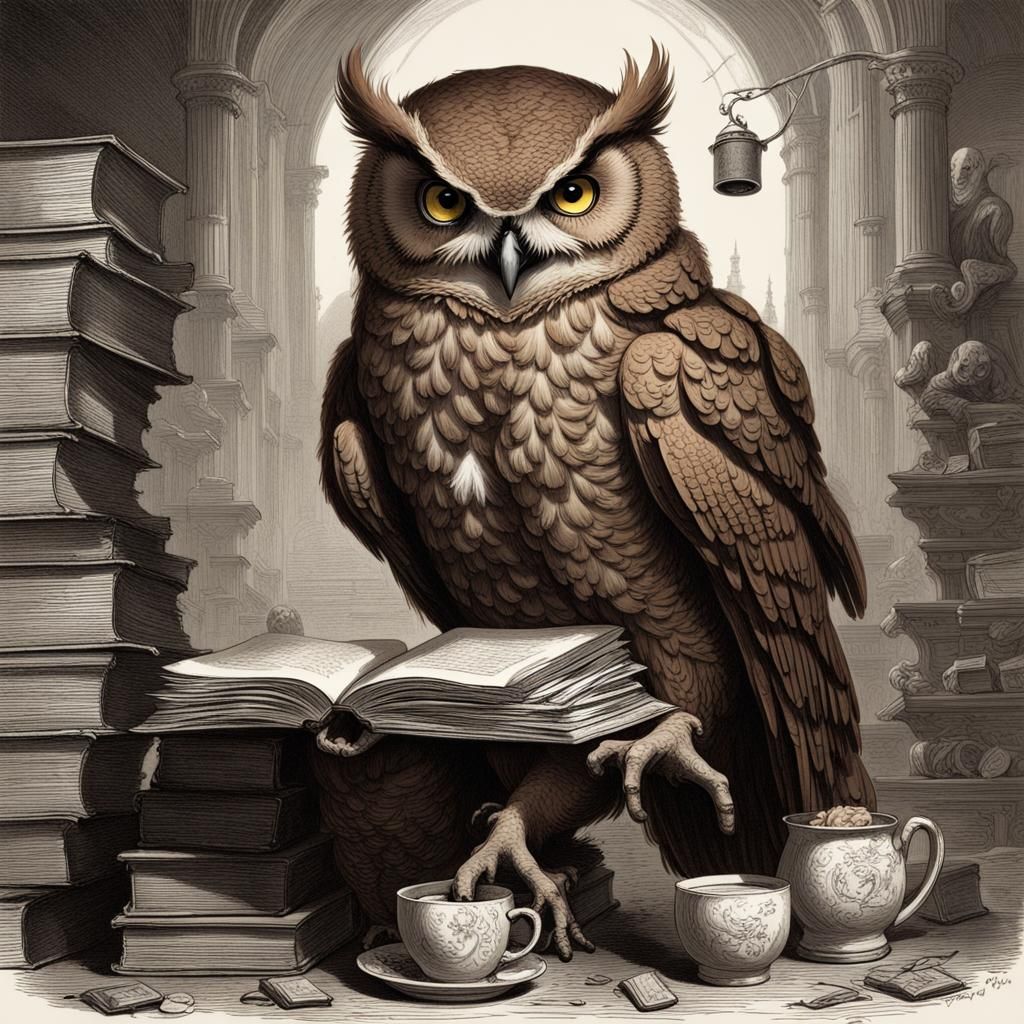 Brown Owl with Tea and Books in Dark Fantasy Style