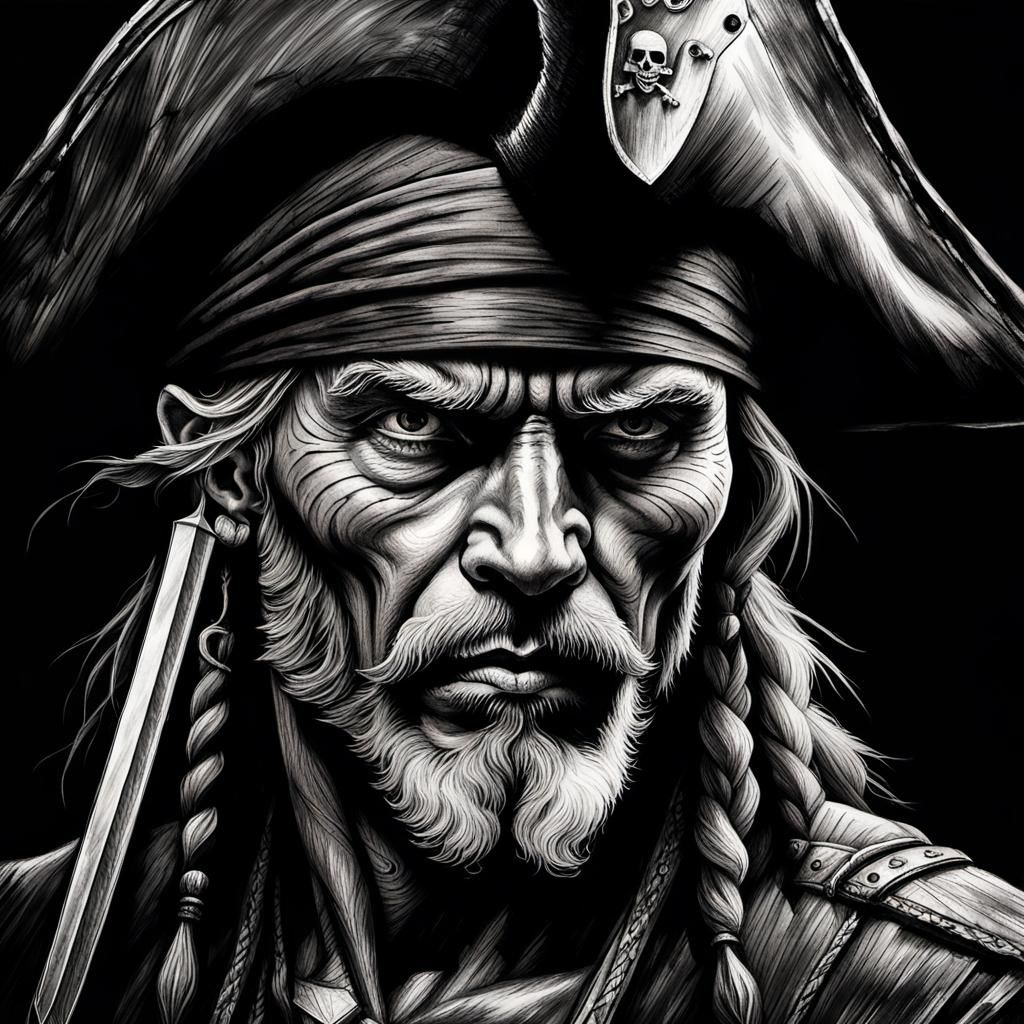 Detailed Charcoal Portrait of a Pirate with Sword