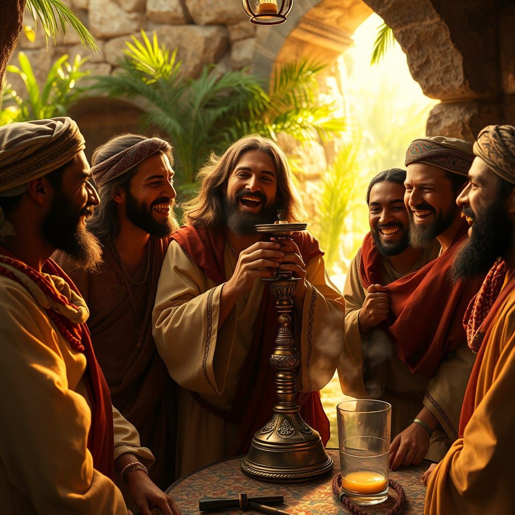Jesus Shares Hookah with Disciples in Warm, Golden-Lit Setti...