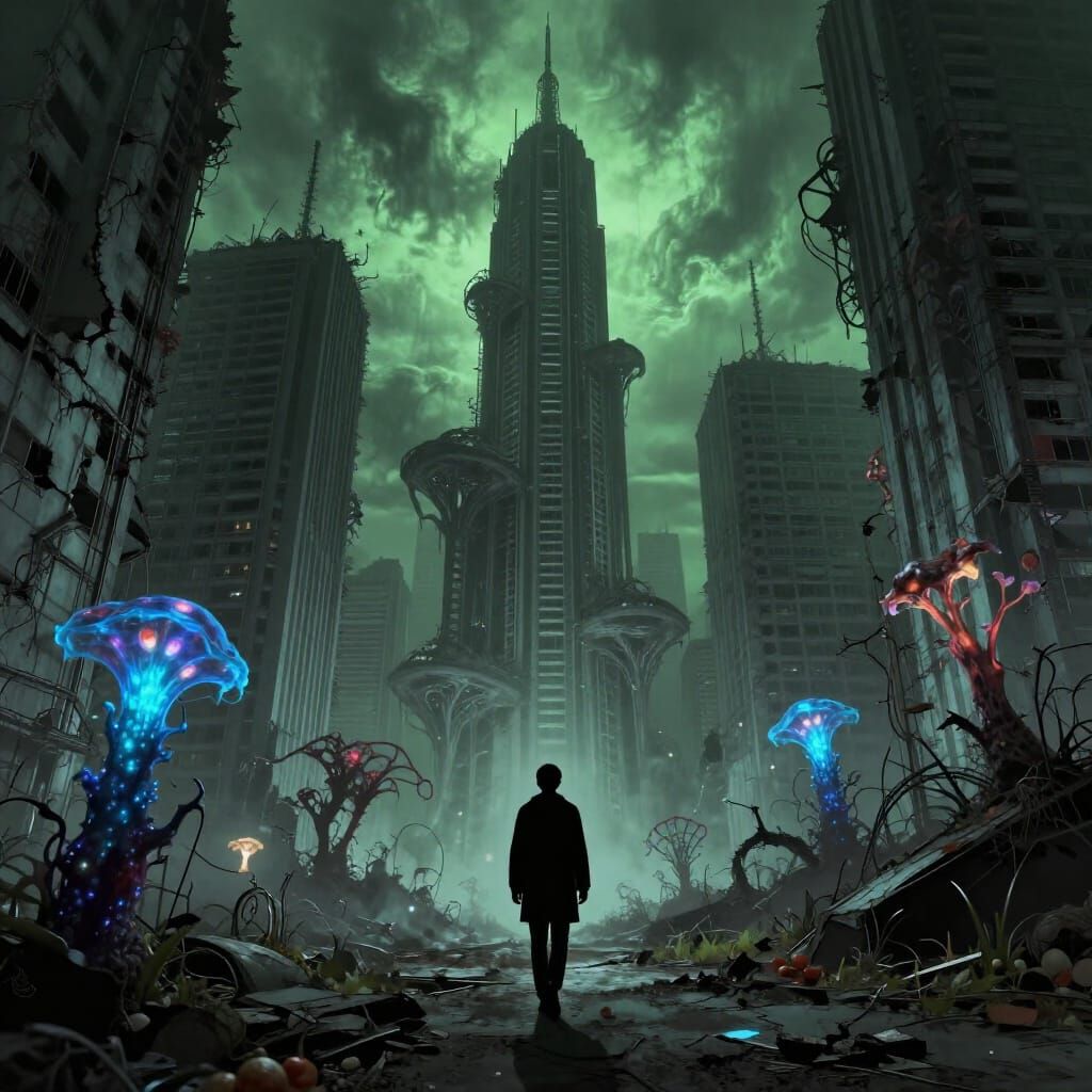 Figure in Decaying City Under Toxic Green Sky