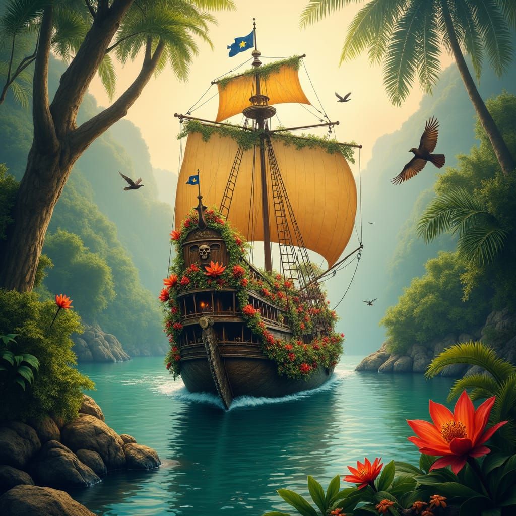 Pirate Galleon Sails Amazon River: Naive Art Style