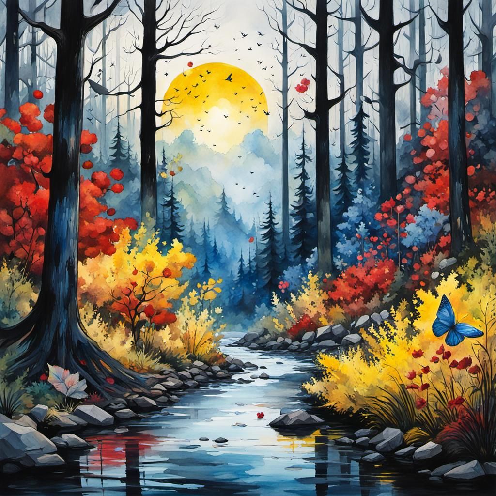 Forest River Scene in Sinister Illustration Style