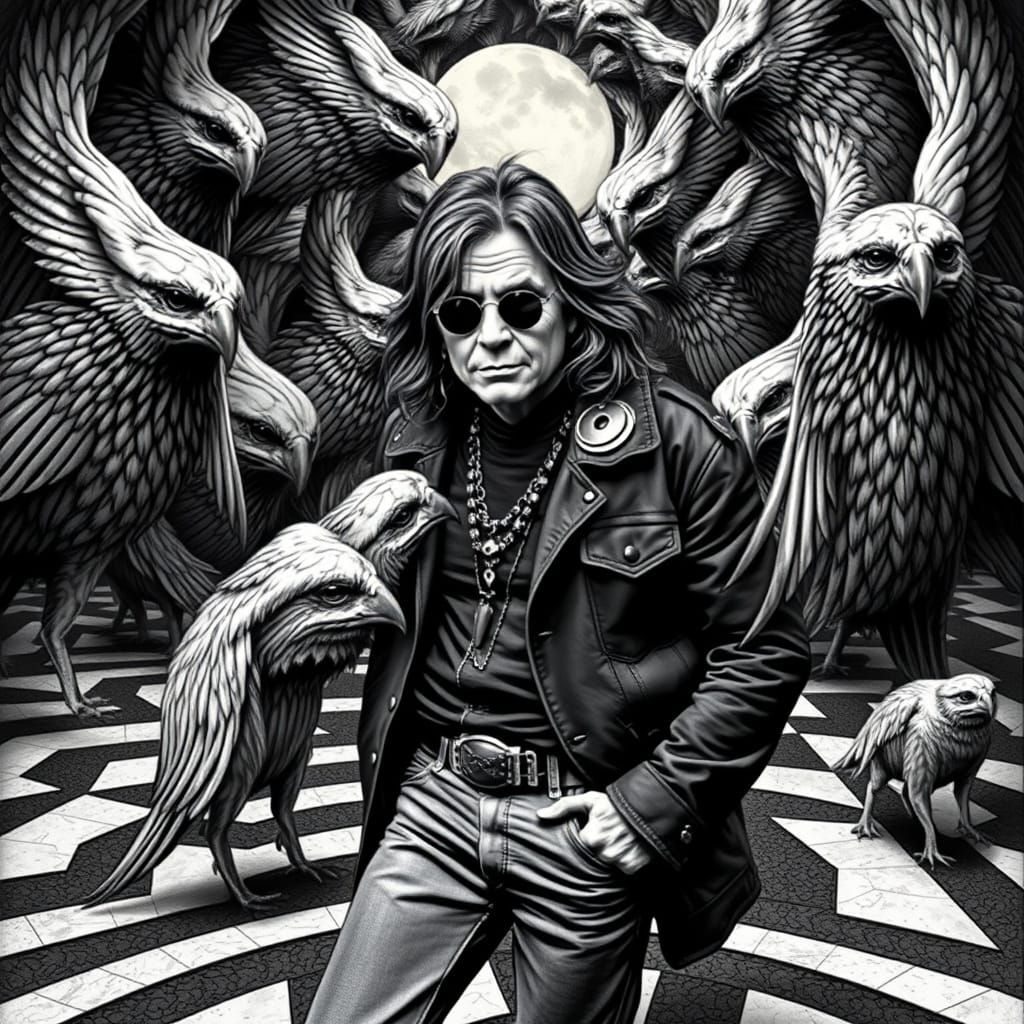 Ozzy Osbourne Surrounded by Bats in Escher Style