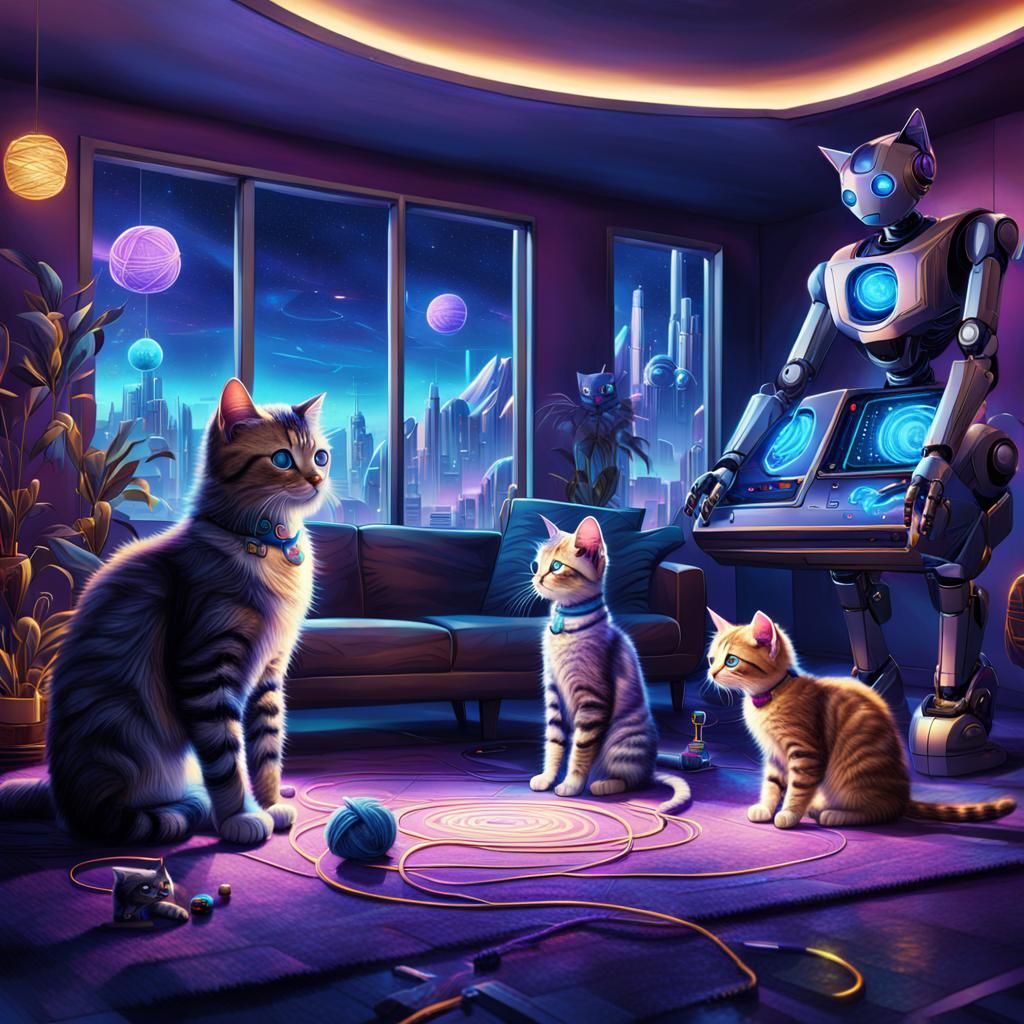 Futuristic Robot Cat Kittens Play in High-Tech Living Room