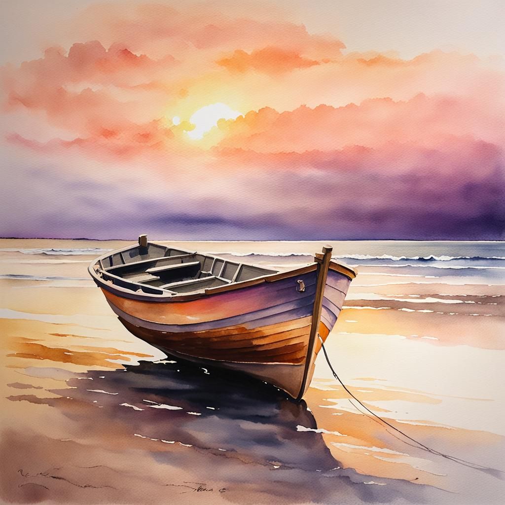 Sunset Fishing Boat Watercolor in Turner Style
