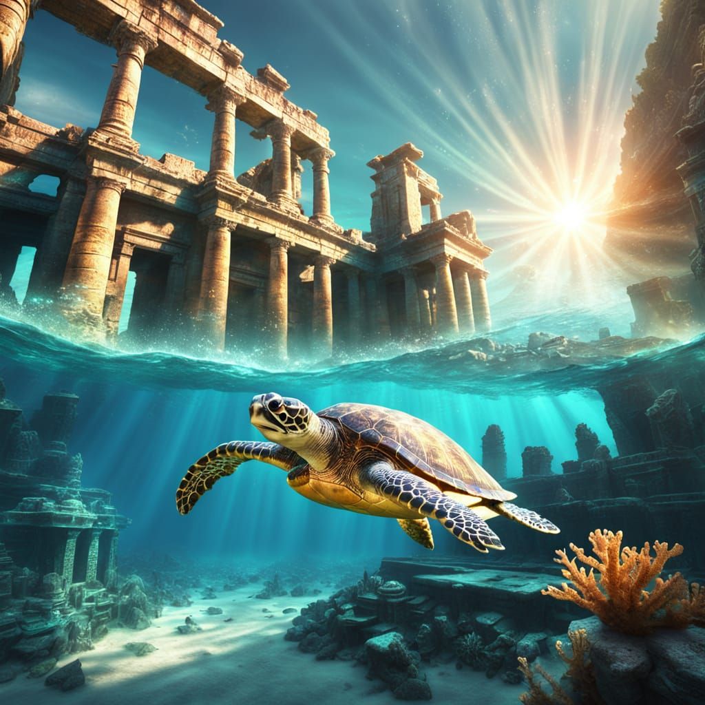Underwater Ruins with Sea Turtle: Digital Matte Painting