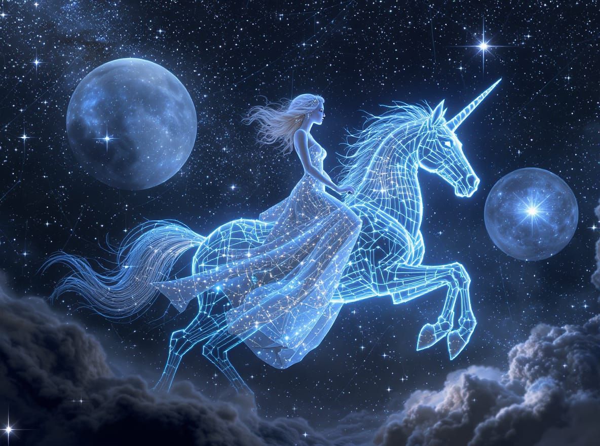 Ethereal Woman on Tech Unicorn in Cosmic Realm