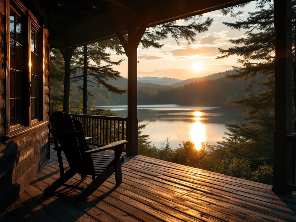 Sunlit Lake View from Cabin Porch at Sunset