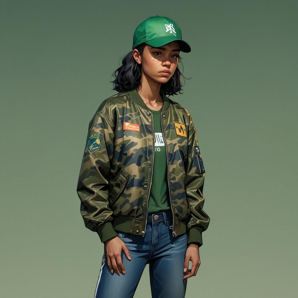 Confident Woman in Camouflage Jacket: Concept Art