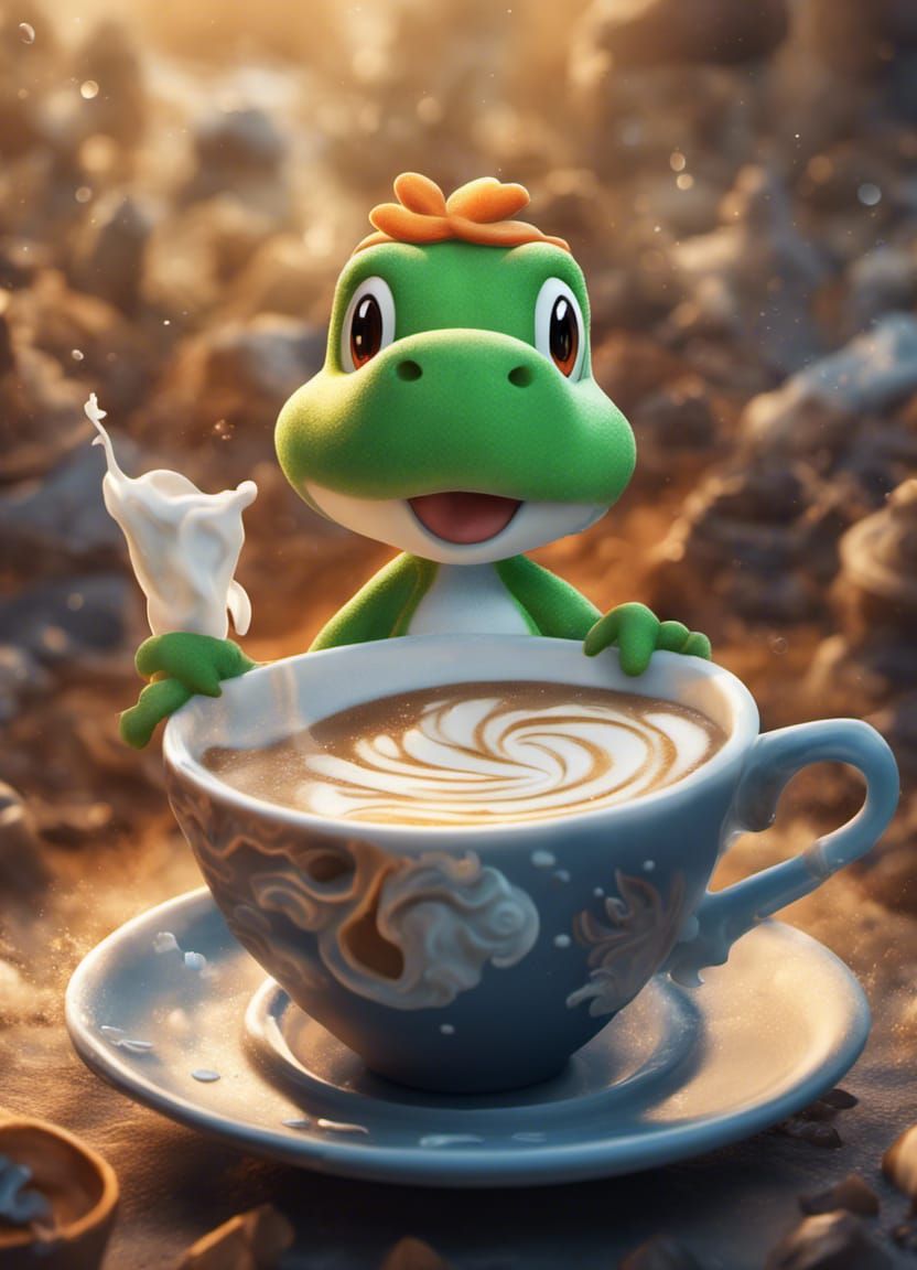 Detailed Latte Art of Yoshi in Fantasy Style