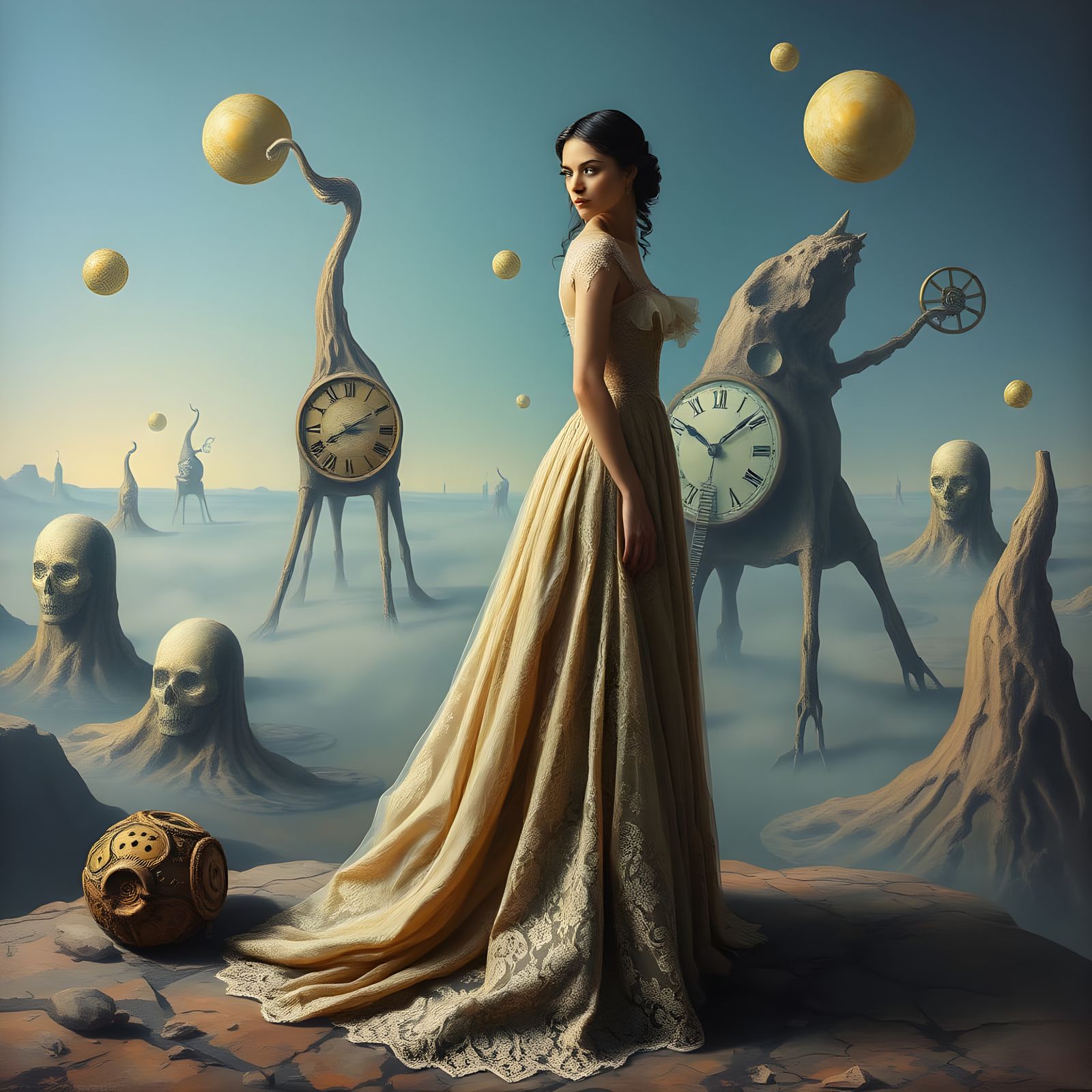 Surrealist Garden Scene in Melting Oil on Canvas