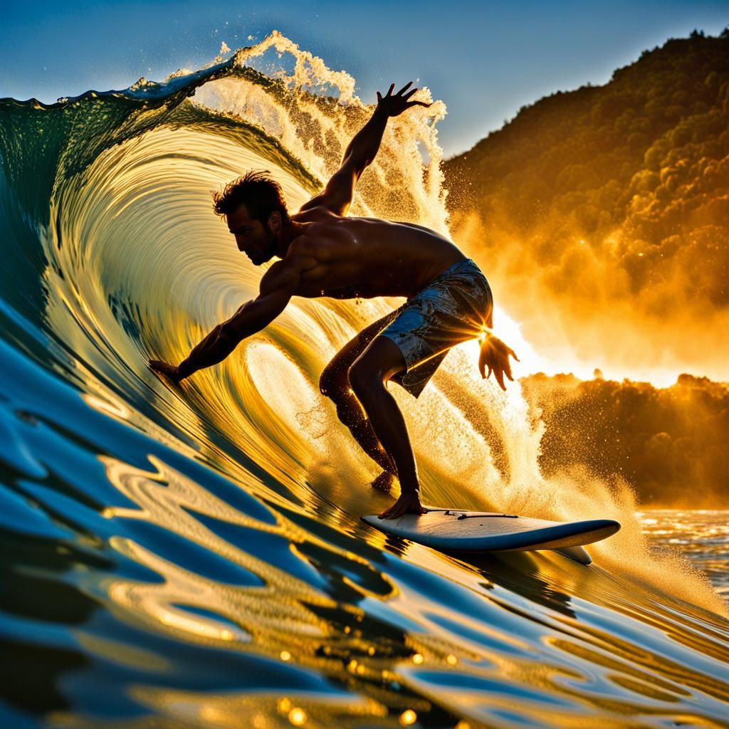 Surfer Riding a Barrel Wave at Dawn