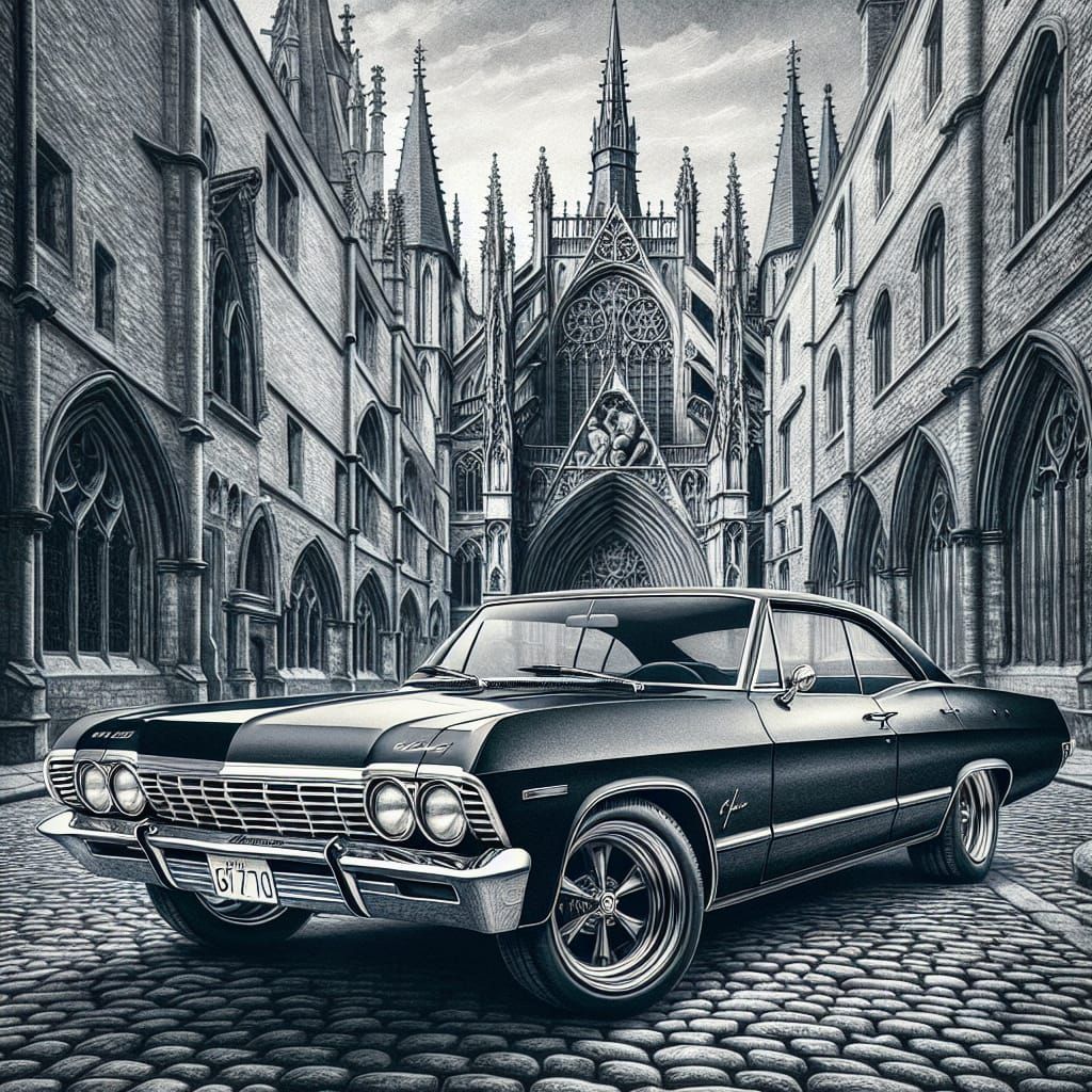 1967 Chevy Impala in Gothic City, Watercolor Style