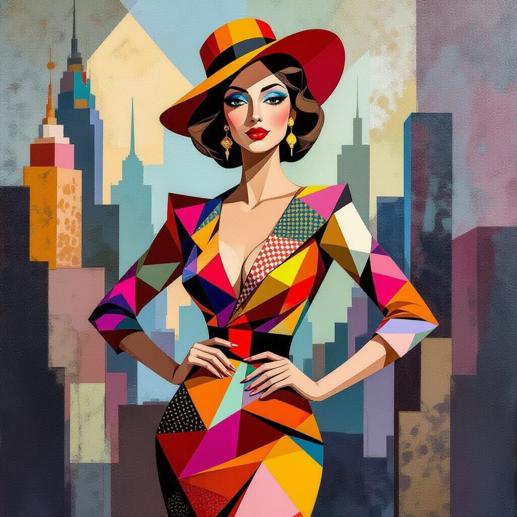 Vibrant Cubist Woman in Geometric Fauvist Cityscape