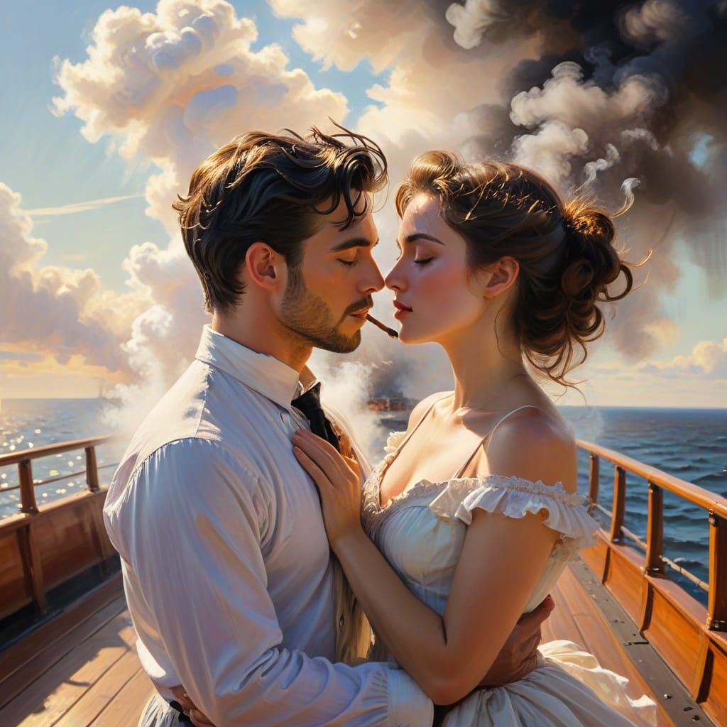 Romantic Steamer Deck Moment in Impressionist Style