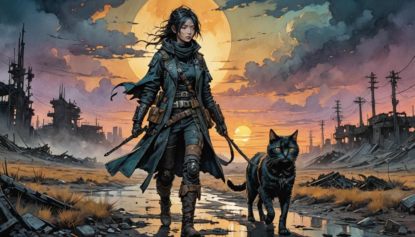 Cyberpunk Ronin and Cat in Wasteland Sunset