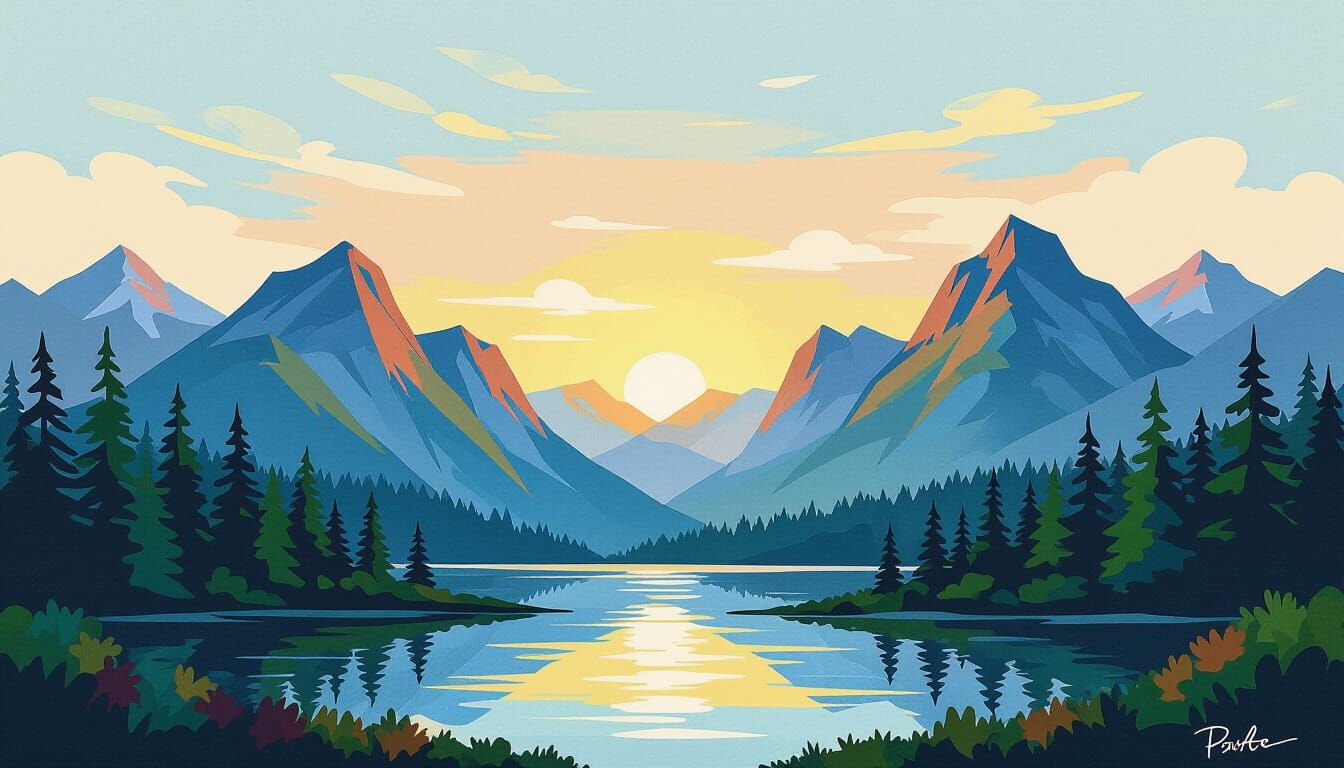 Serene Sunset Over Majestic Mountains and Forest