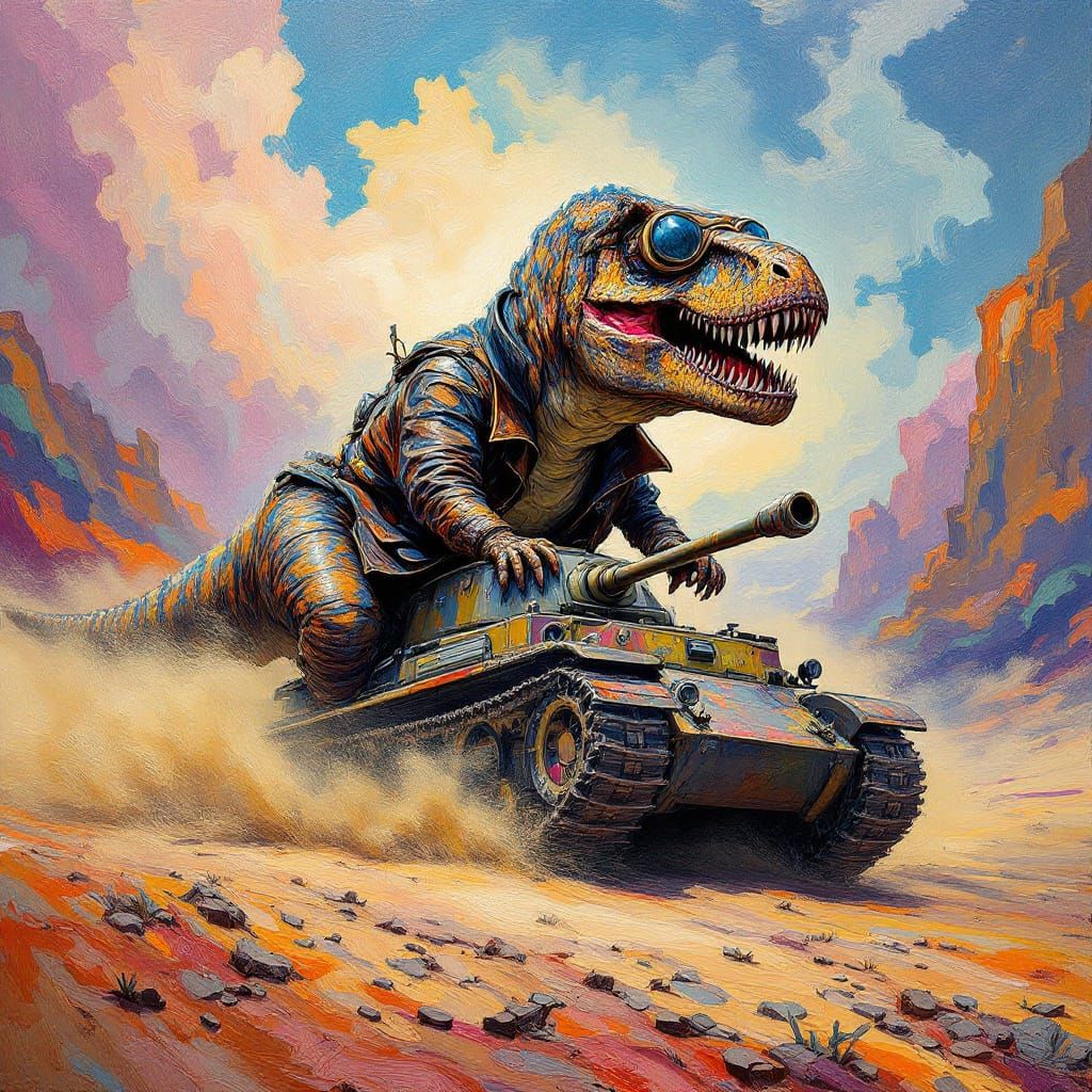 T-Rex Tank Commander in Expressionist Desert Art