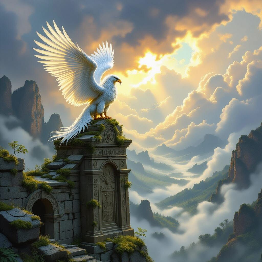 Majestic Griffin Over Misty Valley, Fantasy Concept Art