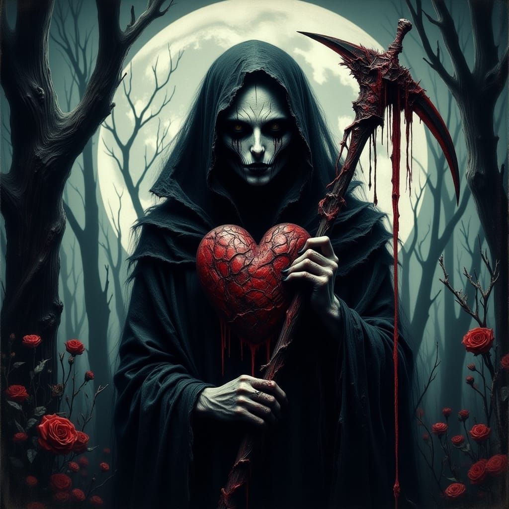 Dark Gothic Portrait of Love-Sick Grim Reaper with Bloody He...