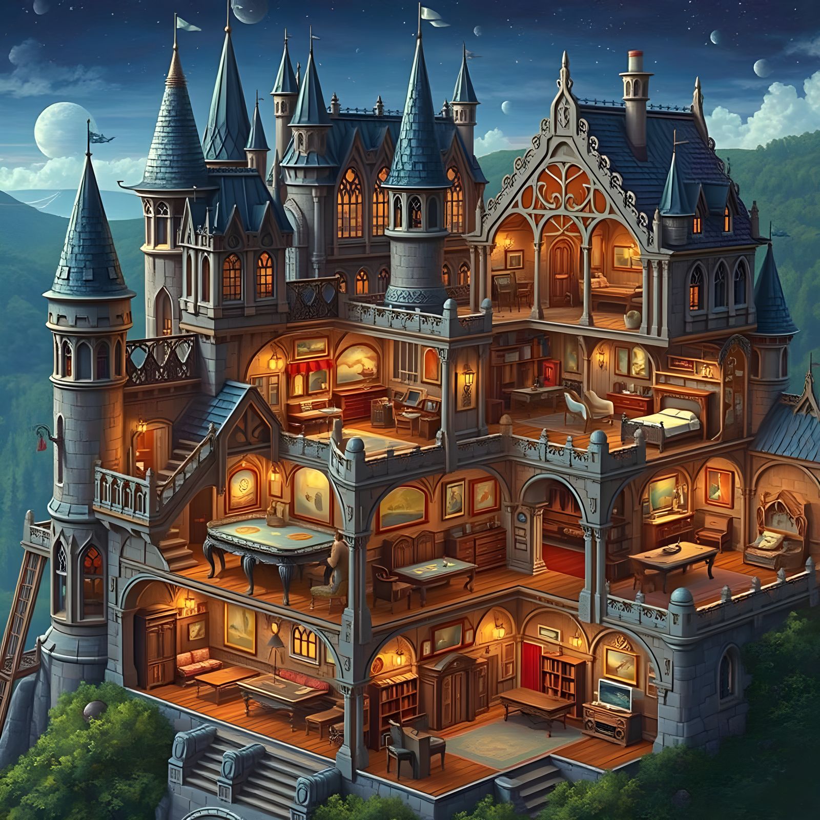 Photorealistic Multi-Room Castle in Golden Light