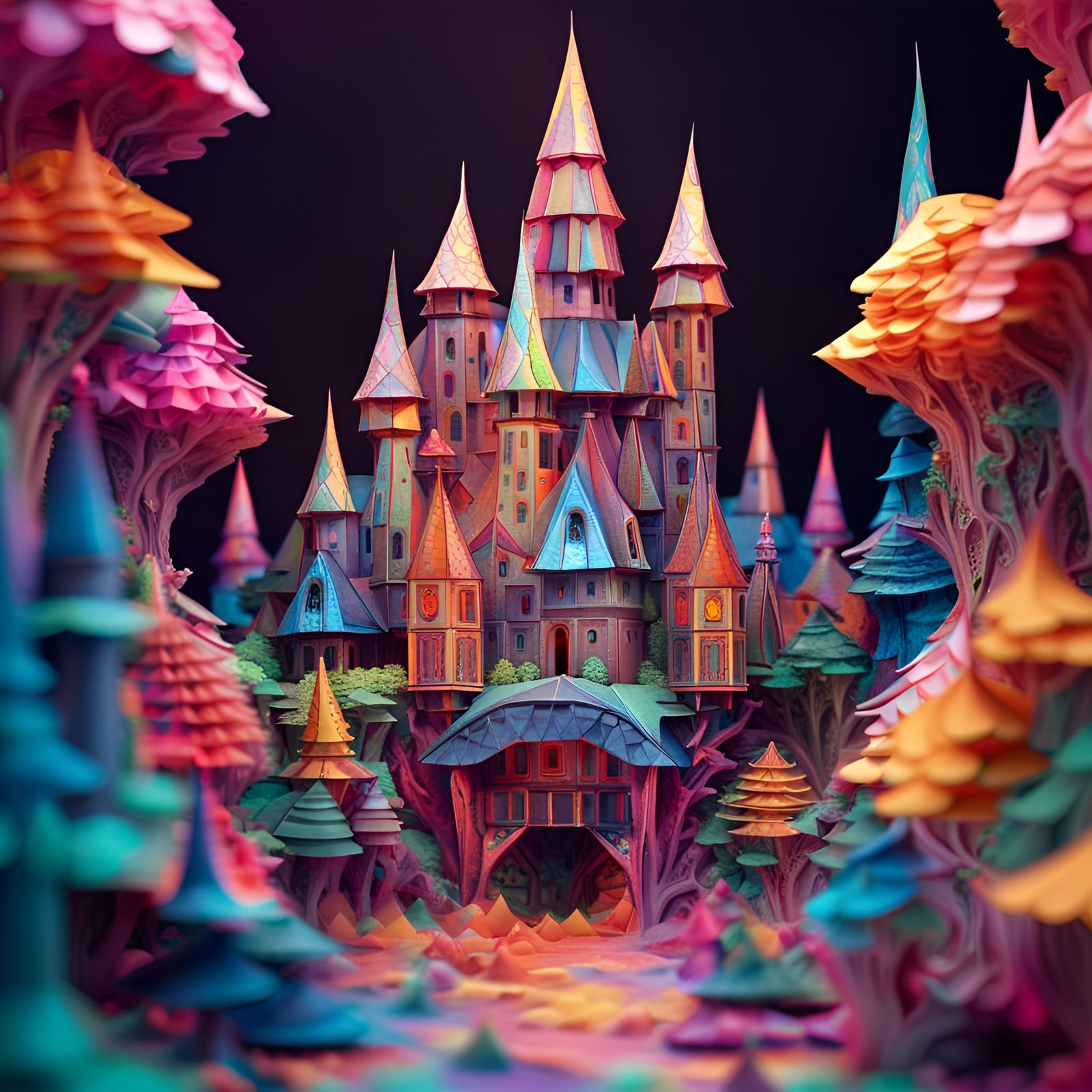 Psychedelic Origami Paper Castle in Papercraft Style