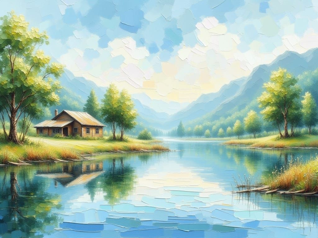 Serene Lake Landscape with Rustic House in Watercolor Style