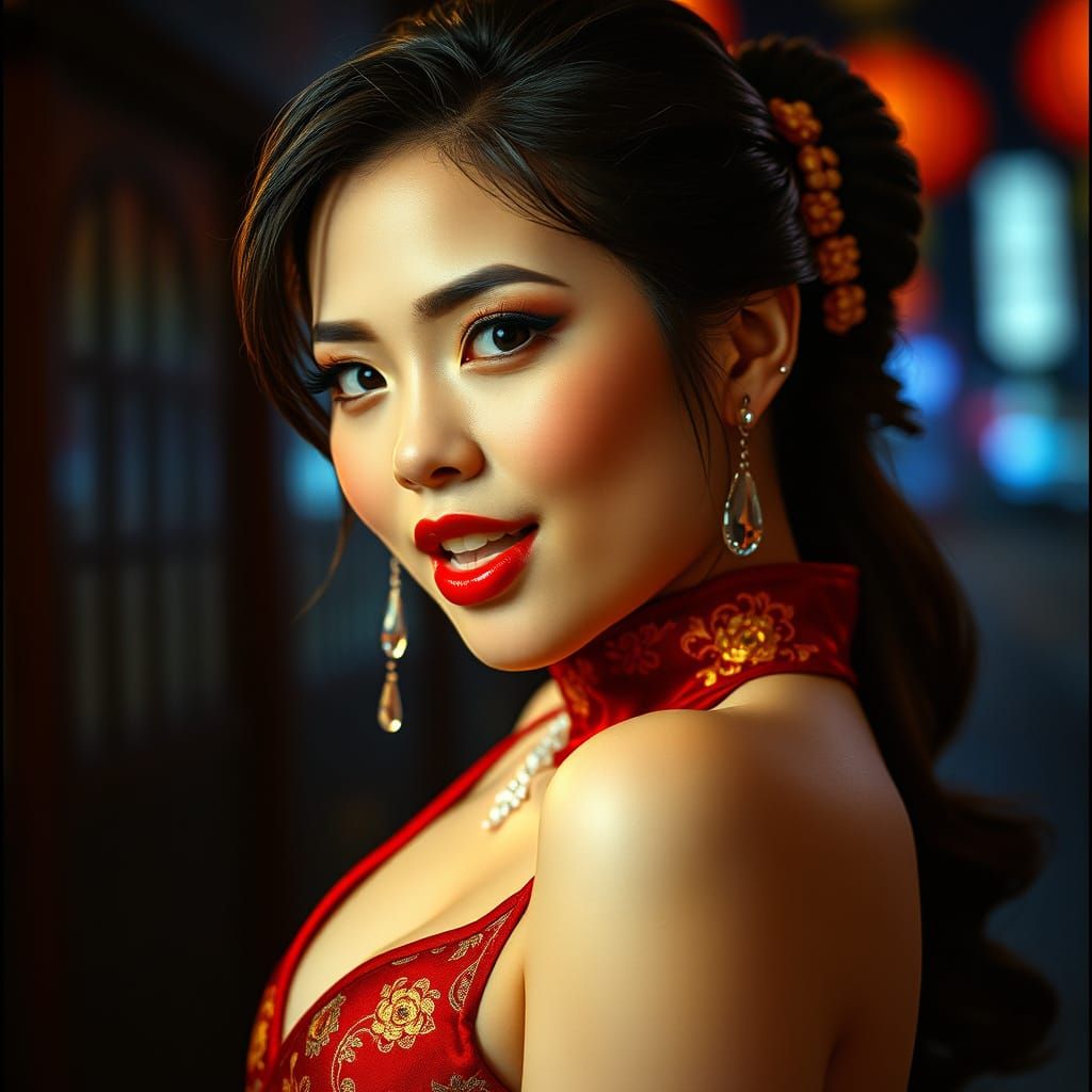 Seductive Asian Woman in Elegant Qipao, Cinematographic Styl...