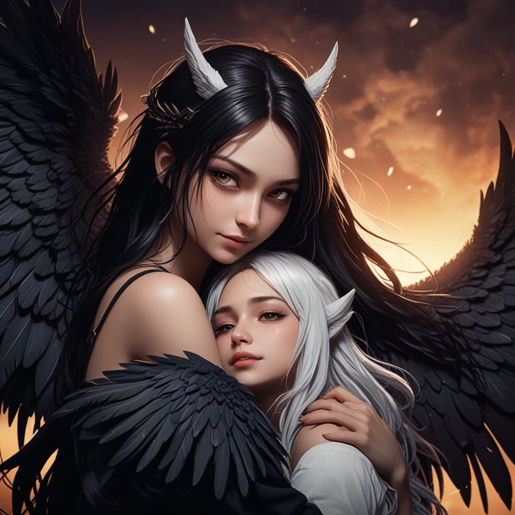 Dark Angel Hugs Woman with Wolf Ears in Anime Style