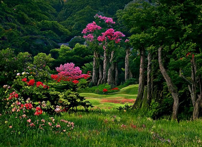 Lush Forest Landscape with Red Flowering Trees