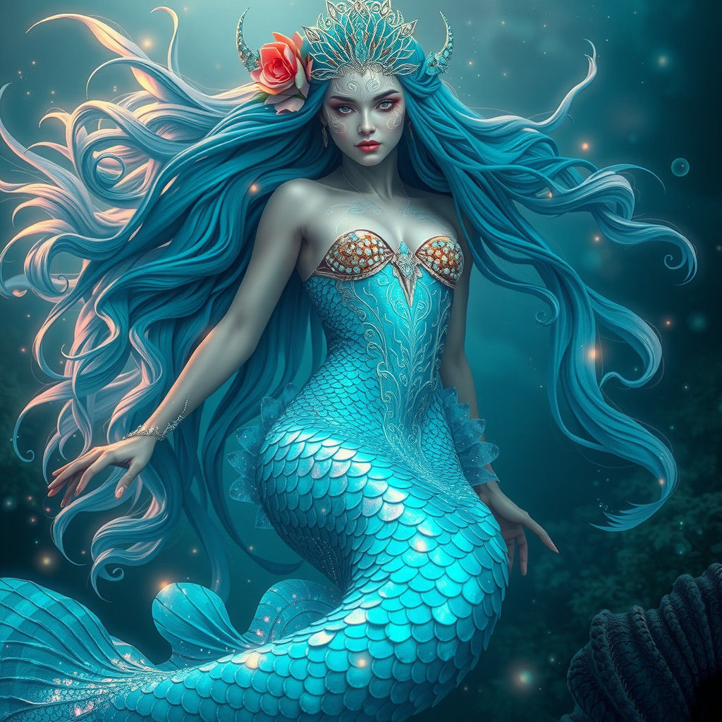 Mermaid Queen with Bioluminescent Patterns, Digital Matte Pa...