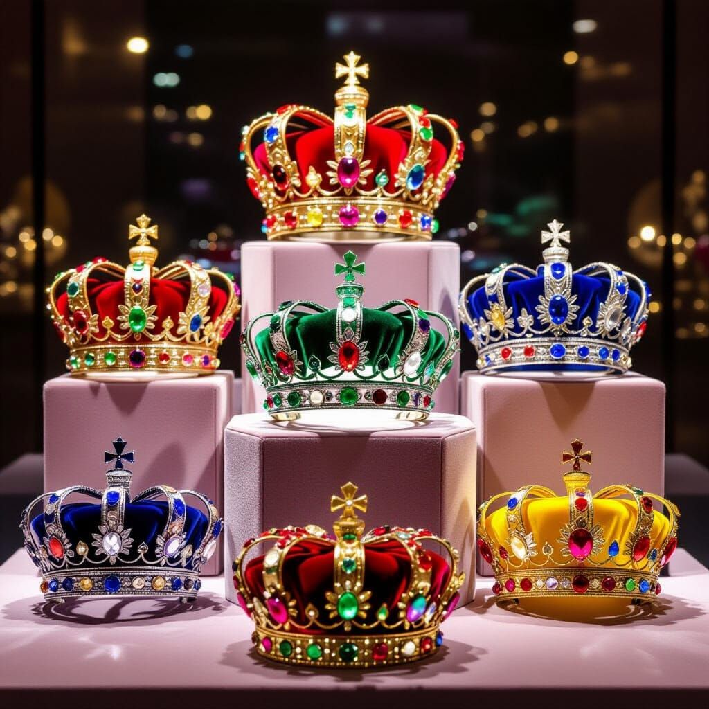 Regal Crowns and Tiaras on Velvet Pedestal