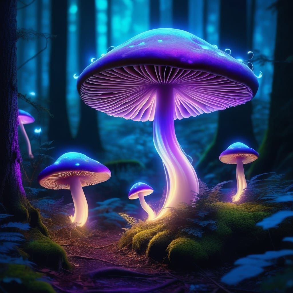 Dreamy Fantasy Scene with Glowing Mushrooms and Whirl-O-Whis...