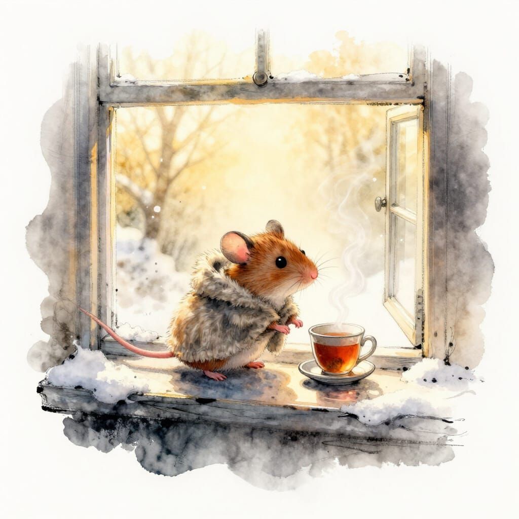 Tiny Mouse Welcomes Dawn on Snowy Windowsill
