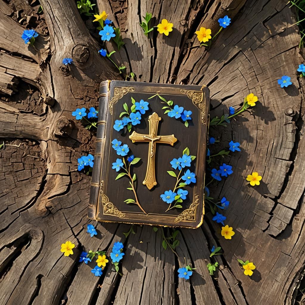 Antique Bible with Cross and Flowers