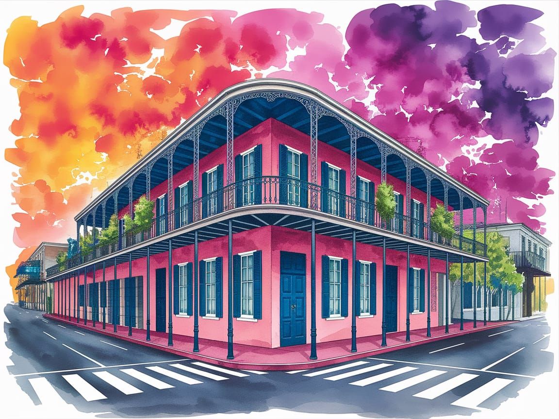 French Quarter Street Corner in Watercolor Style