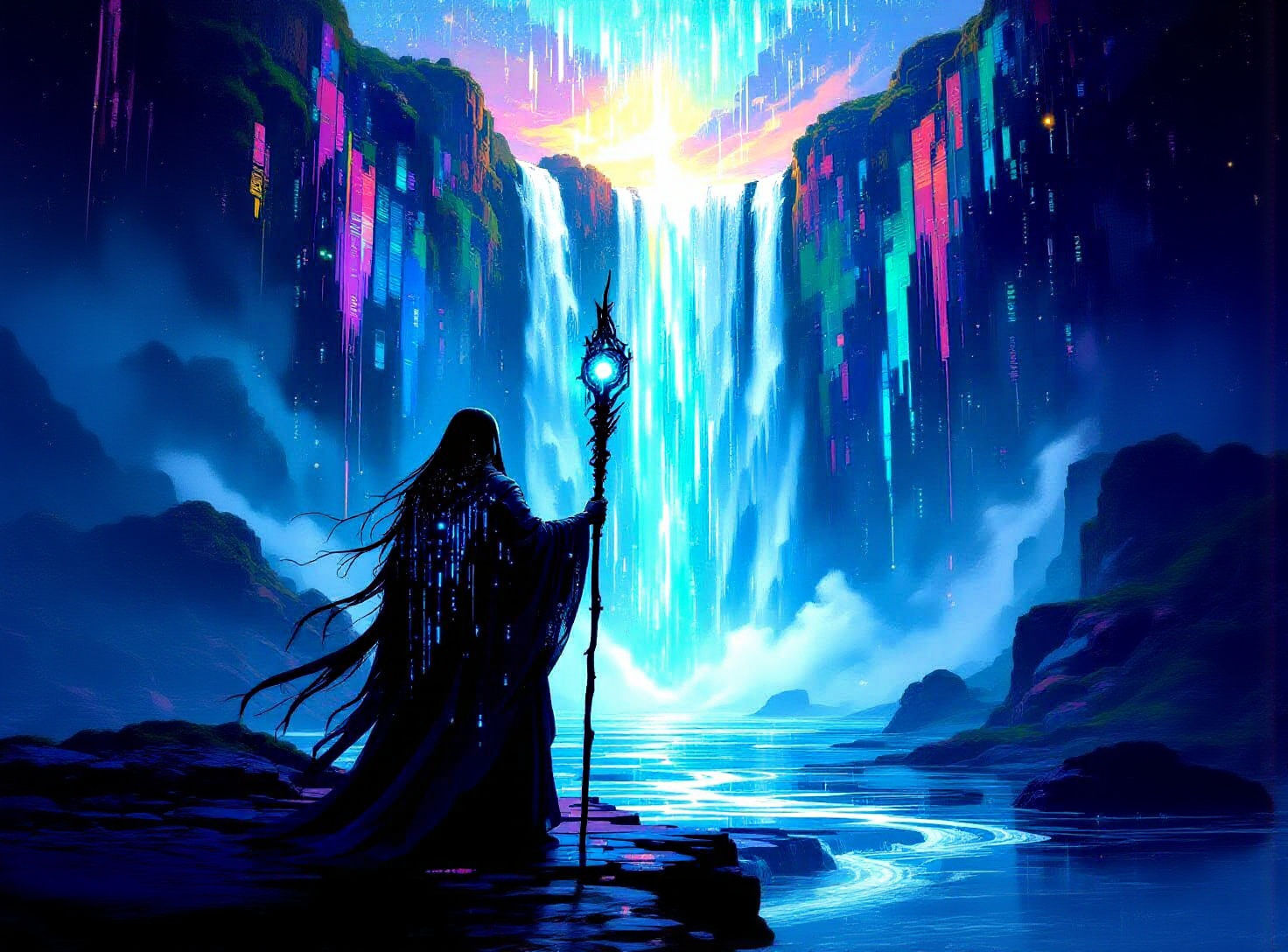 Digital Shaman Before Binary Waterfall in Art Nouveau Style