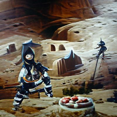 Robot Ninja Assassin in Desert City Oil Painting