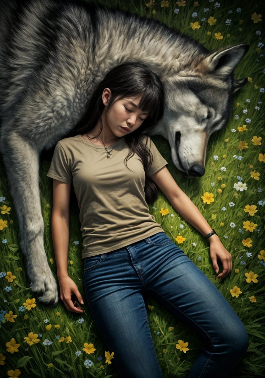 Woman and Wolf in Wildflower Meadow, Hyperdetailed Art
