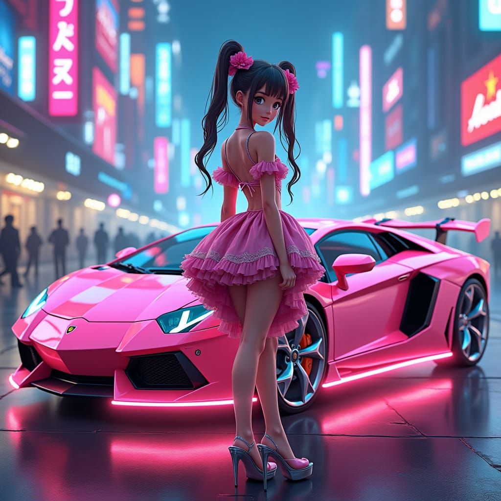 Anime Girl and Pink Lamborghini in Neon Cityscape