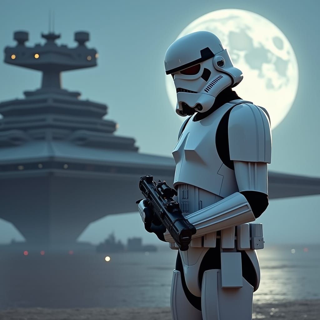 Stormtrooper Under Moonlight Before Star Destroyer