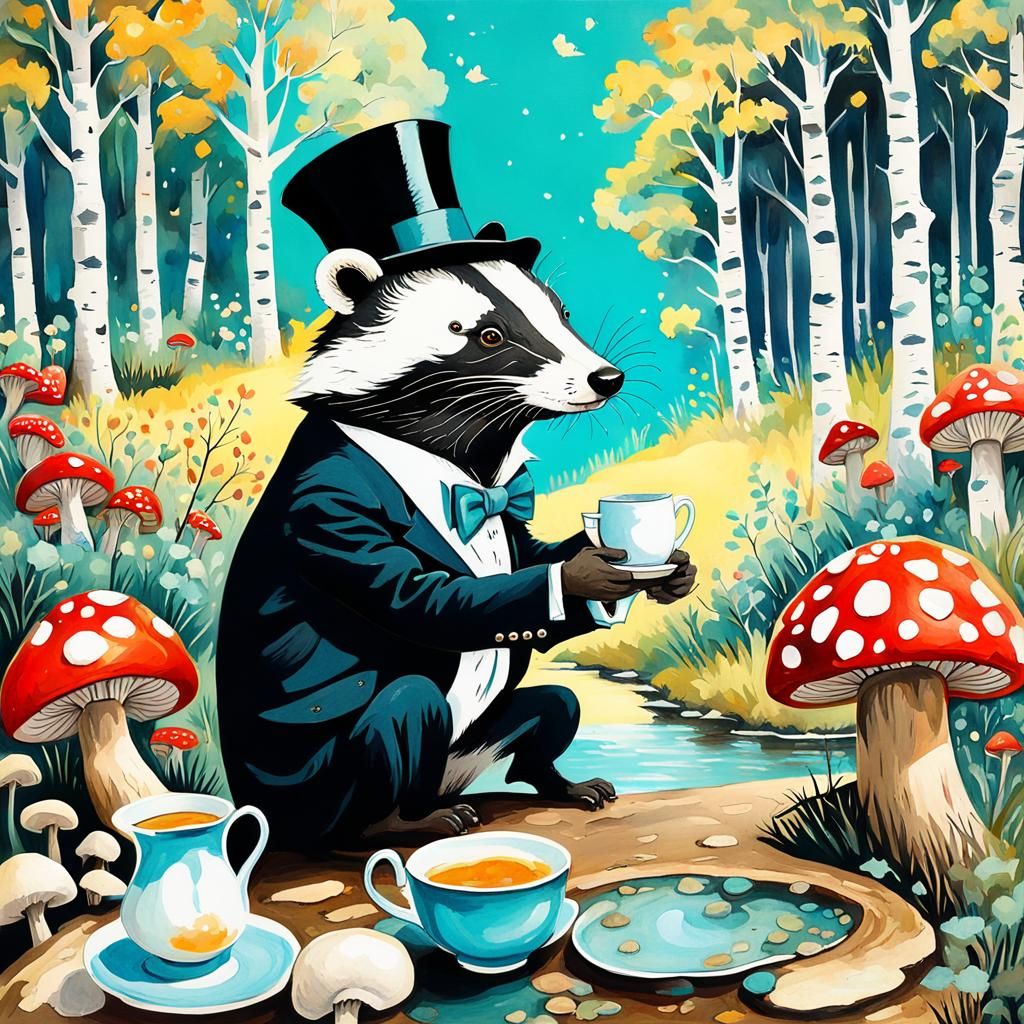 Badger Tea Party in Impressionist Gouache Style