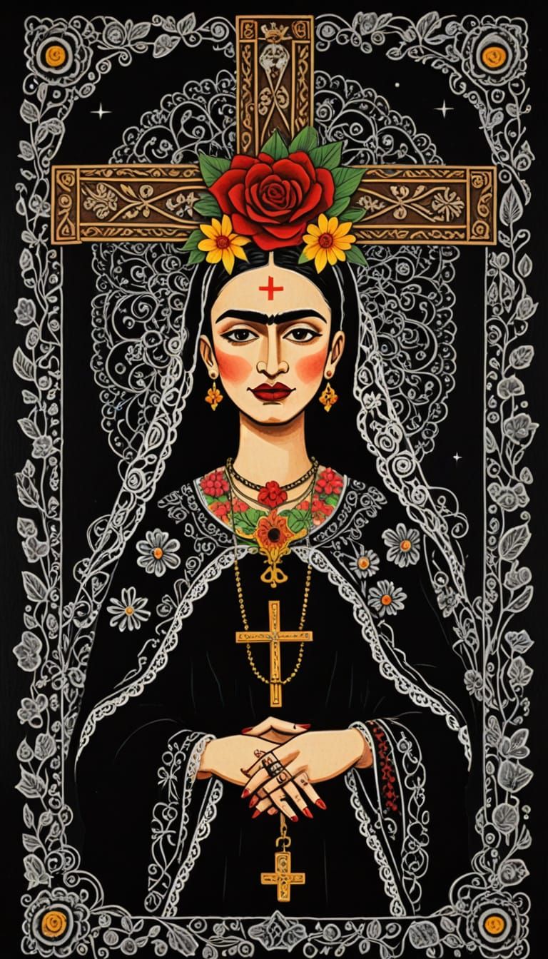 Primitive Folk Art Crucifixion Scene in Scratchboard Style