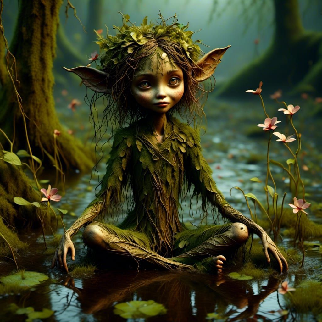 Cute Mud-Sprite Planting Orchids in a Bog